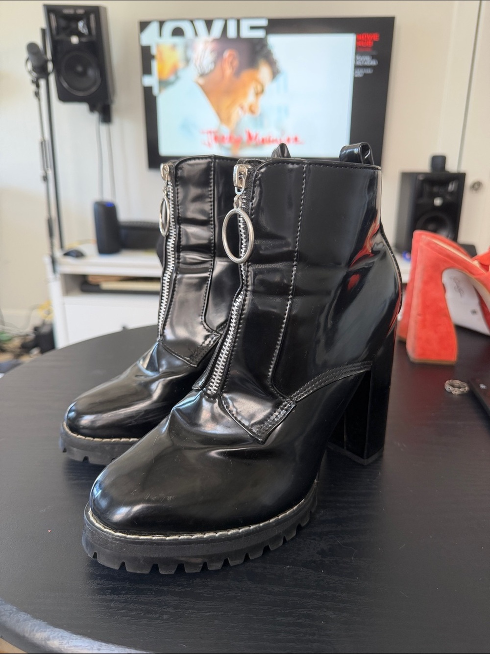 Nasty Gal Black Patent Front-Zip Platform Block Heel Ankle Boots
